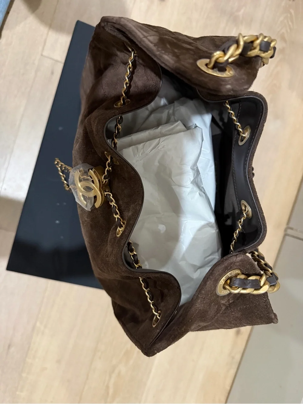 NWT Chanel Medium 25 Hobo Bag Dark Brown Suede Antique Gold Hardware